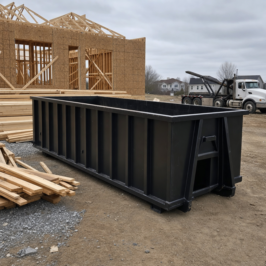 Matte-black 40-yard roll-off dumpster staged on a framed-out residential construction site in Concord, framing lumber stacked nearby, hooklift delivery truck visible in the background under bright Colorado daylight