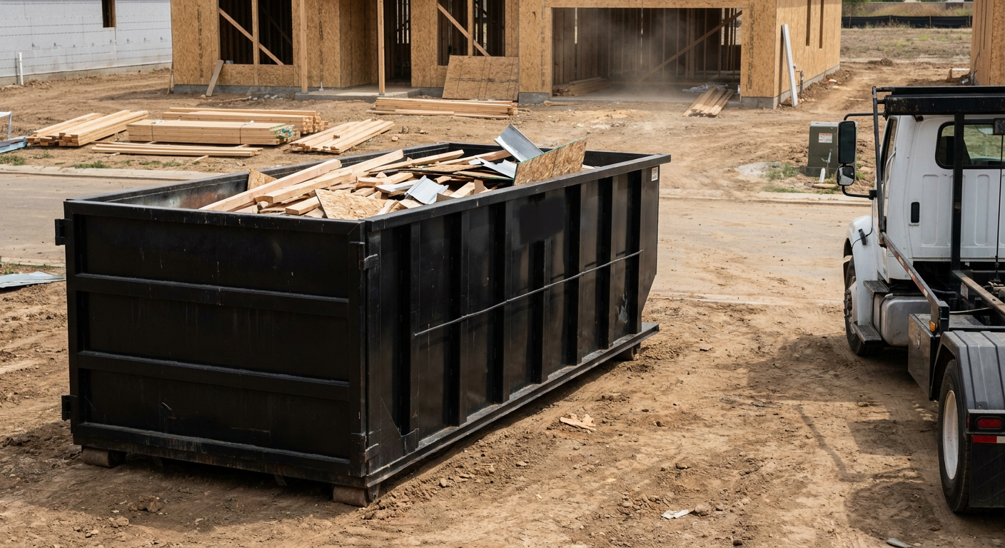 Matte-black 20-yard roll-off construction dumpster with heavy ribbed steel sidewalls and swing rear doors at a working jobsite in Concord, sitting directly on compacted dirt with an unmarked white hauler partially visible at the far edge of the frame.