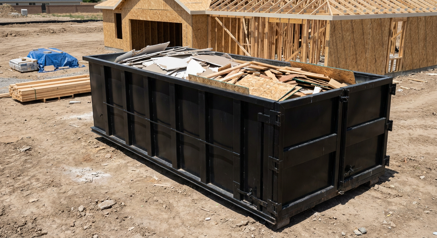 Matte-black 30-yard roll-off construction dumpster sitting directly on the compacted-dirt site of a framed single-family home build in Concord, drywall and lumber scrap loaded inside.