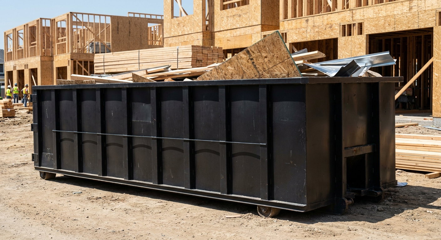 Matte-black 40-yard roll-off construction dumpster being lowered from a white-cab hooklift delivery truck onto the compacted-dirt jobsite at a commercial build site in Concord