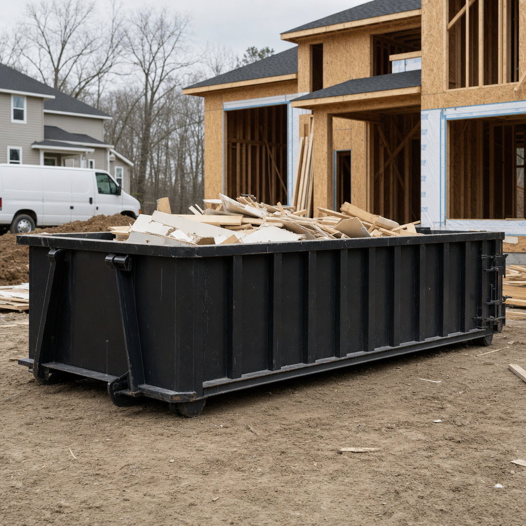 Worker in a yellow high-visibility vest tossing framing lumber and broken drywall into a matte-black 30-yard construction roll-off dumpster on an active build site in Concord, bright daylight