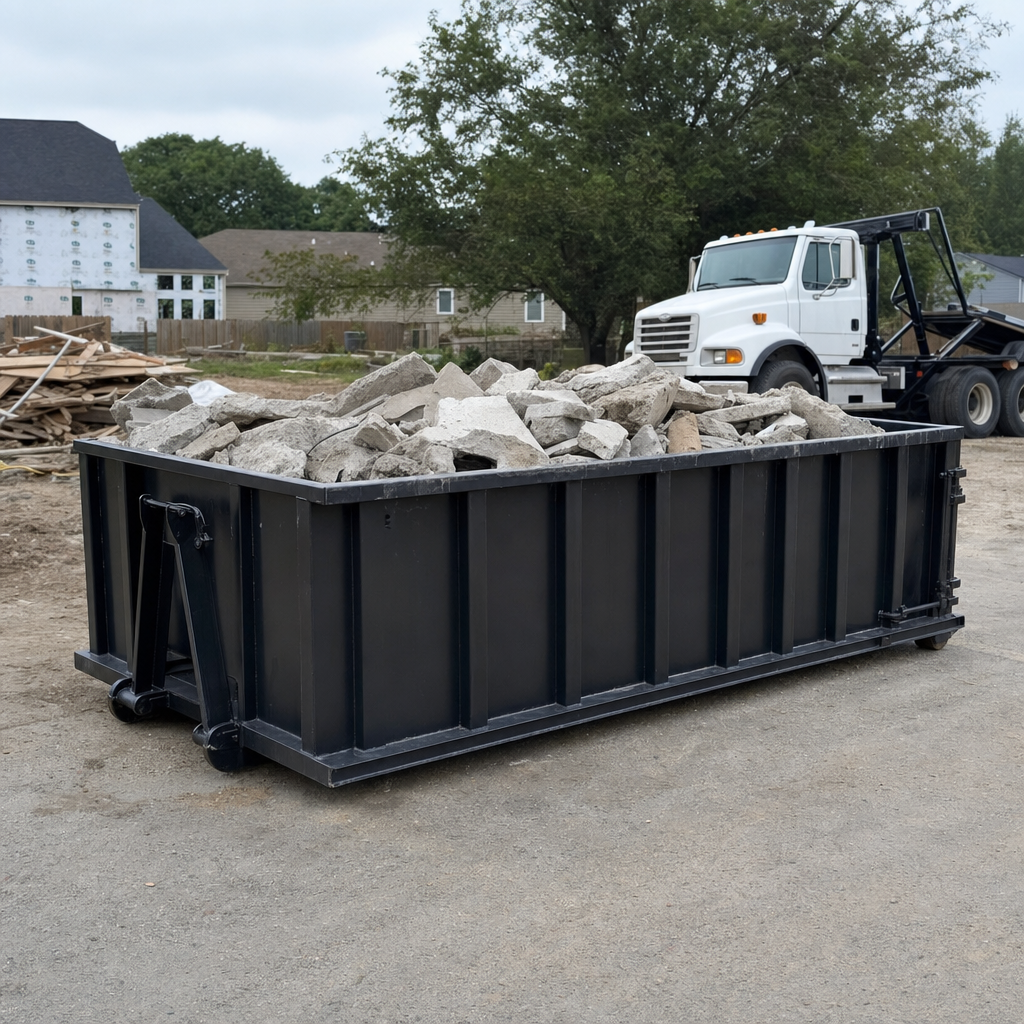 Low-profile matte-black lowboy roll-off dumpster loaded with broken concrete slab and rebar at a foundation tear-out in Concord, skid steer parked beside it, sunny Colorado morning