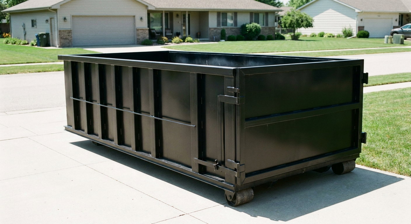 Matte-black 10-yard roll-off dumpster on a residential concrete driveway in Concord, uniformly painted matte black across every panel and rail, ribbed steel sidewalls and rear swing door visible, mid-day daylight.