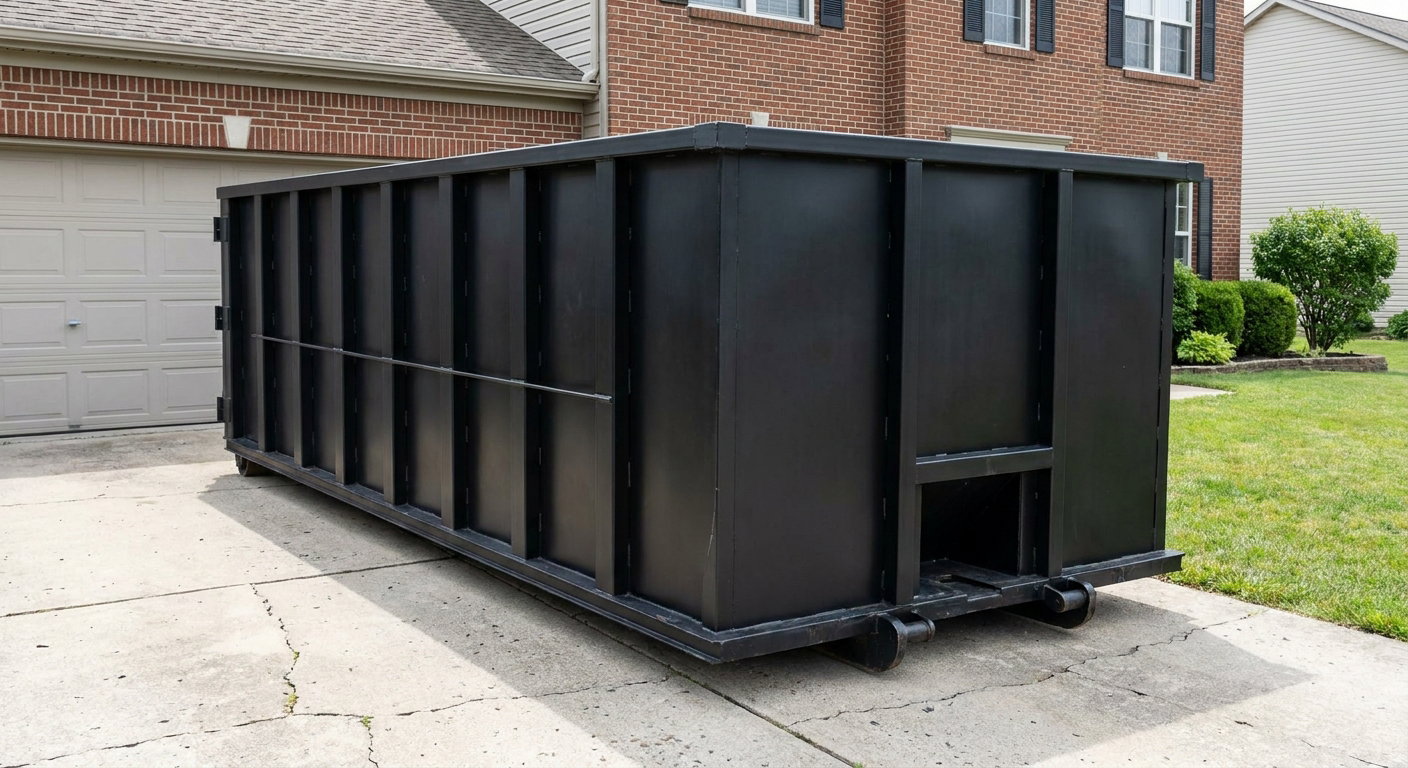 Matte-black 20-yard roll-off container on a Concord residential concrete driveway with reinforced ribbed steel sidewalls and a hinged rear walk-in door, clean bright daylight.
