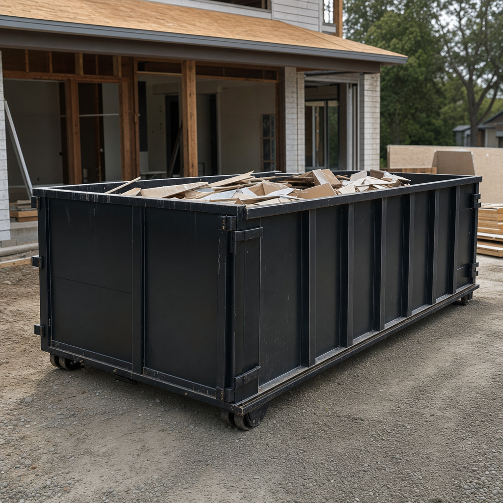 Large matte-black 30-yard construction roll-off dumpster at an active Concord jobsite, steel-gray top rails and bottom rollers visible, loaded with construction debris.
