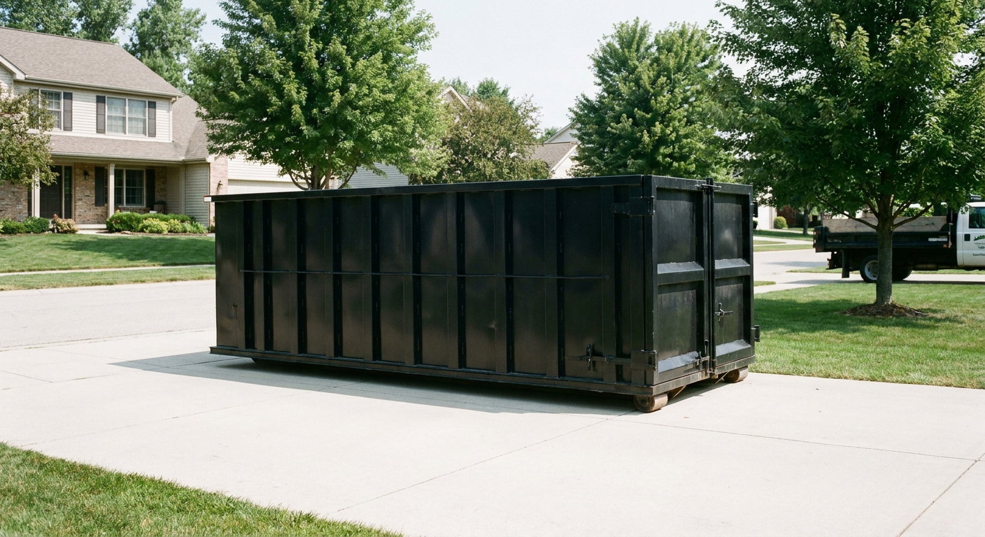 Matte-black 20-yard roll-off dumpster sitting level on a clean Concord residential concrete driveway under bright daylight, demonstrating clean placement directly on the concrete.