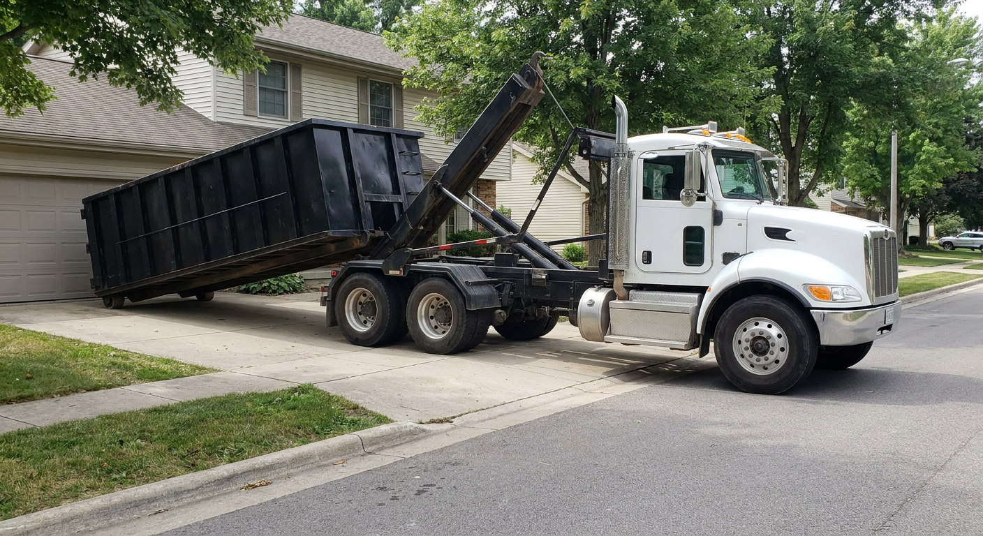 White-cab hooklift roll-off truck actively lowering a matte-black dumpster onto a Concord residential concrete driveway, the dumpster's rear wheels touching the driveway as the hoist arm tilts the bed forward, mid-morning daylight.