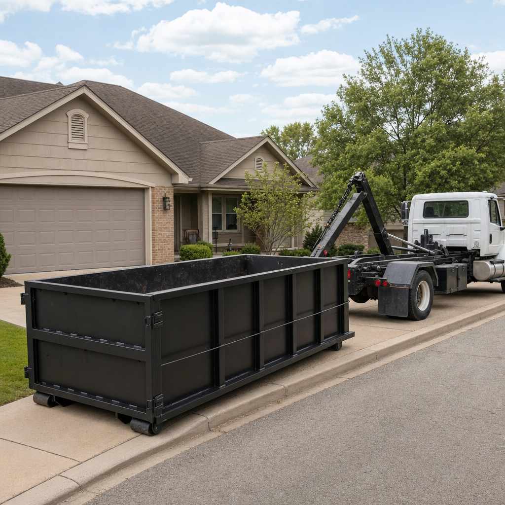 Wide documentary shot of a matte-black roll-off dumpster on a Concord residential driveway in the foreground and a contractor jobsite container in the soft-focus background, bright daylight, calm and orderly composition.