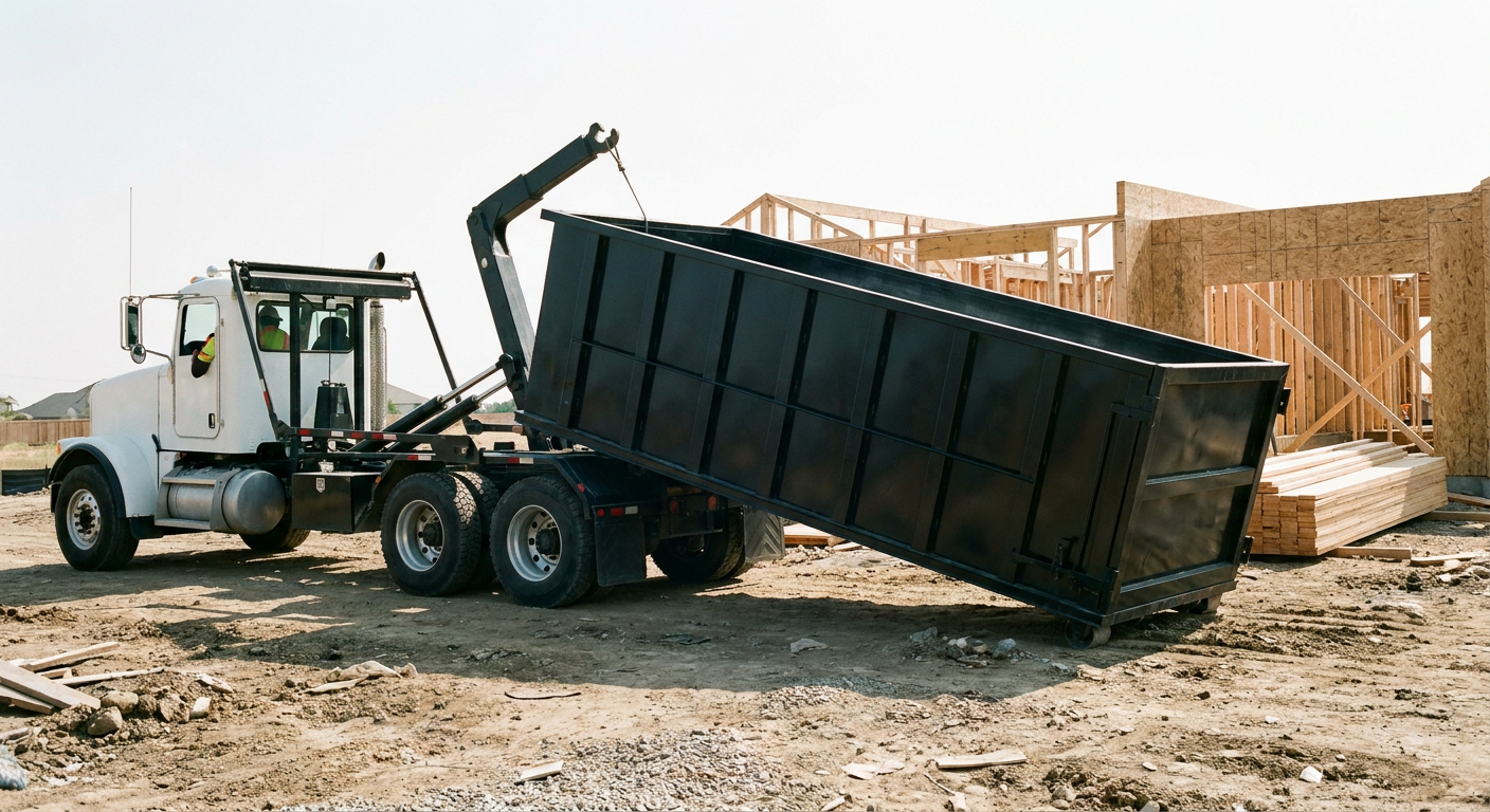 Matte-black roll-off dumpster being delivered onto a clean residential concrete driveway in Concord by an unmarked white hooklift hauler truck, bright morning daylight, documentary 35mm perspective.