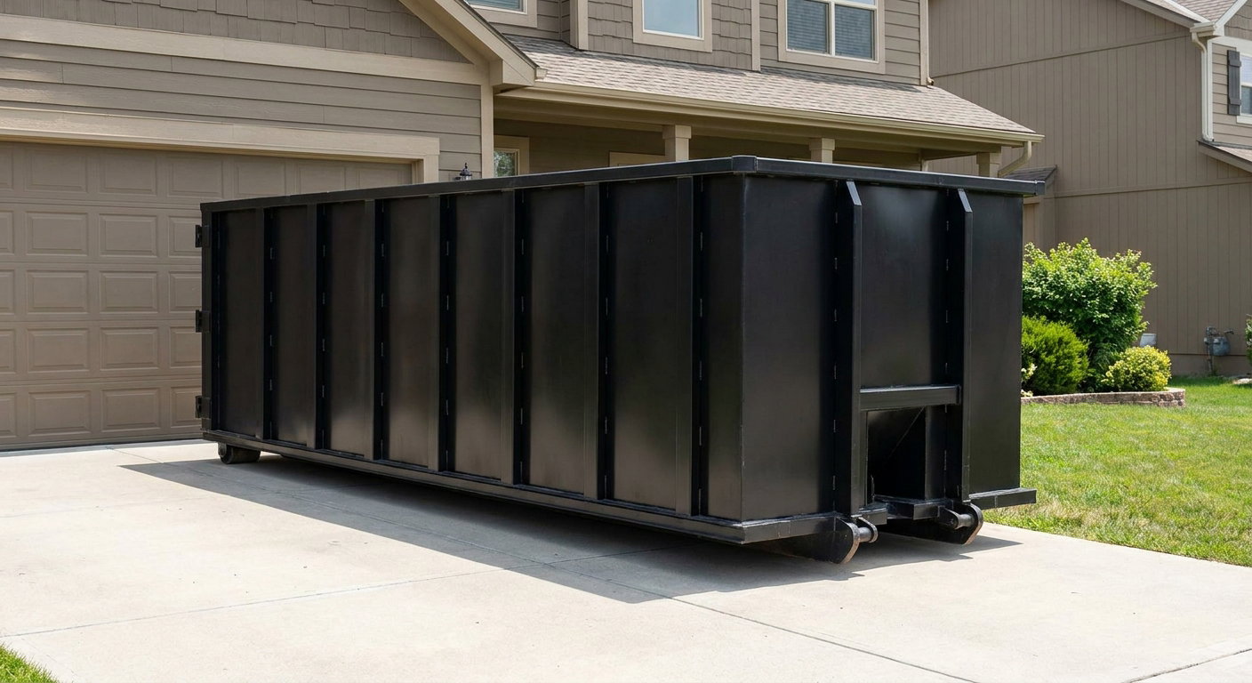 Matte-black residential roll-off dumpster sitting directly on a suburban Concord concrete driveway, garage door closed, single-family home in background, bright morning daylight.