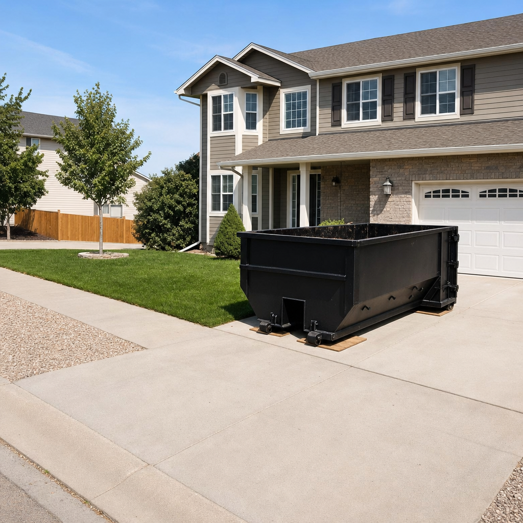 10-yard matte-black residential dumpster placed directly on a narrow Concord concrete driveway, room remains for a parked sedan beside it, mid-morning natural light