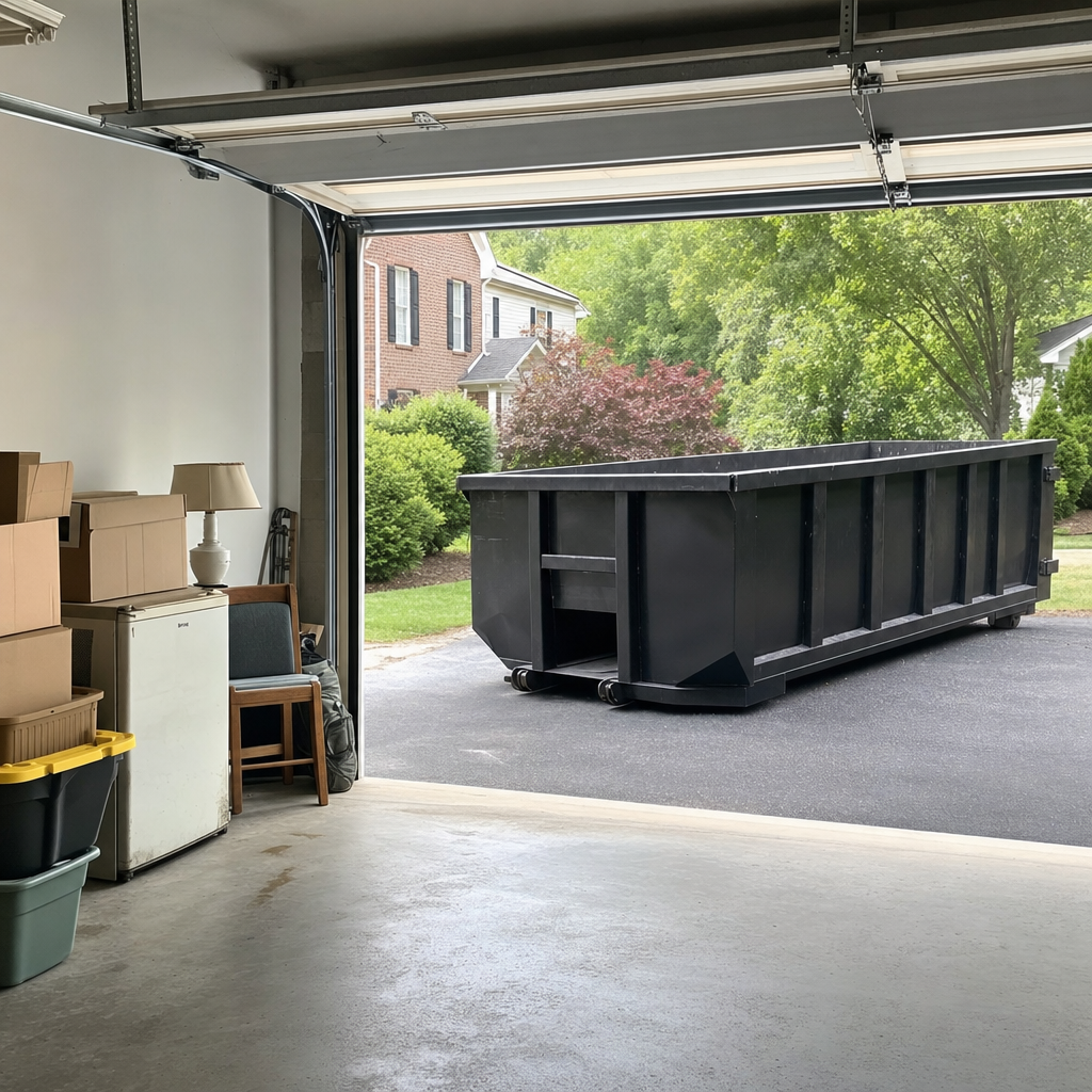 Open garage interior in a Concord home mid-cleanout — boxed items, an old appliance, and stacked yard tools queued near the driveway for a matte-black roll-off dumpster, organized and calm