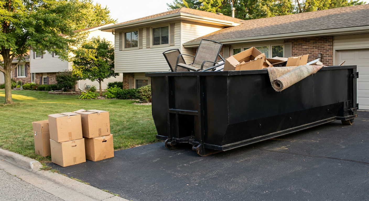Front-yard view of a Concord split-level home with a 20-yard matte-black roll-off dumpster sitting directly on the asphalt driveway, a few clearly labeled donation boxes staged at the curb, calm sunny afternoon.