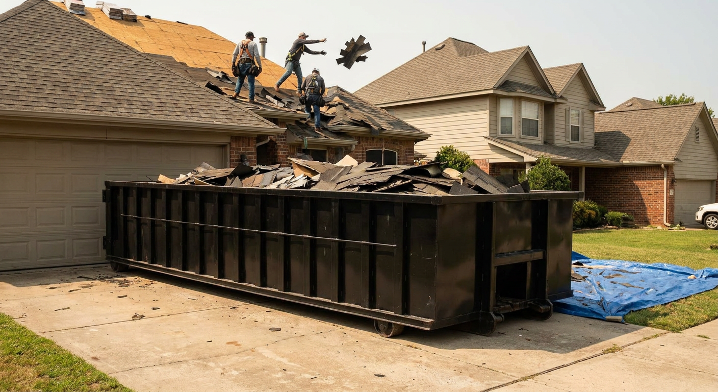 Matte-black roofing roll-off dumpster placed directly on a Concord residential concrete driveway, a tear-off crew on a two-story asphalt-shingle roof tossing shingle bundles into the low-walled container, bright daylight, documentary 35mm perspective.