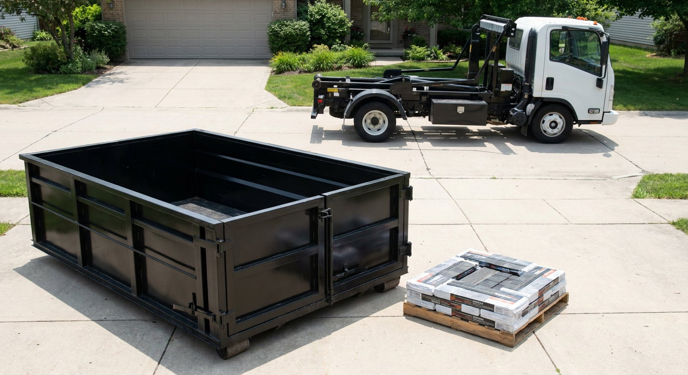 Matte-black 15-yard roofing roll-off dumpster with reinforced low side walls sitting directly on a Concord residential concrete driveway, three-tab asphalt shingle bundles stacked nearby, an unmarked white hauler truck partially visible at the edge of the frame.