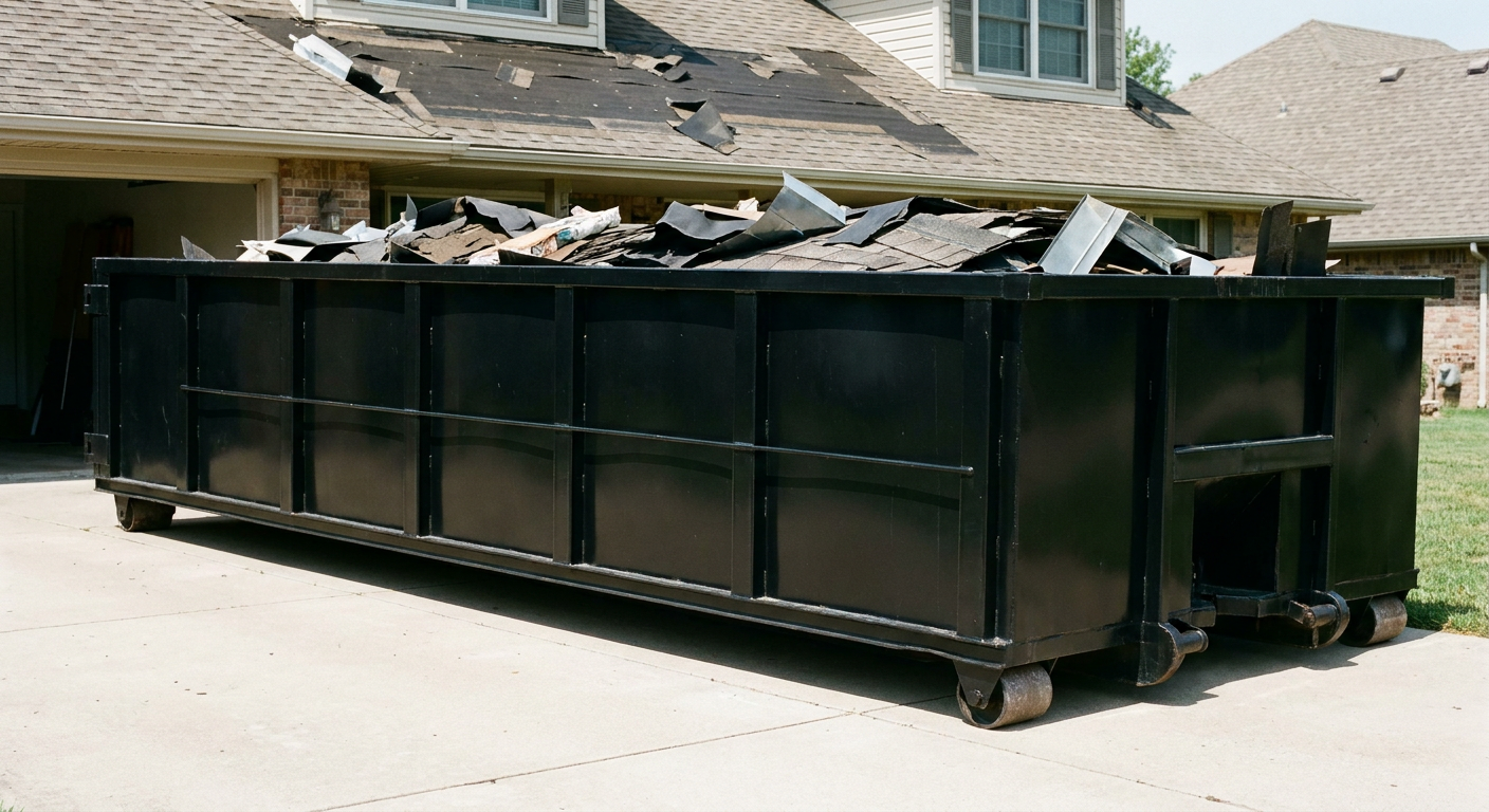 Matte-black 20-yard roofing roll-off dumpster with steel ribbed sides and swinging rear door, sitting directly on the concrete driveway of a two-story Concord home, asphalt shingle debris being loaded over the low wall, clean documentary lighting.