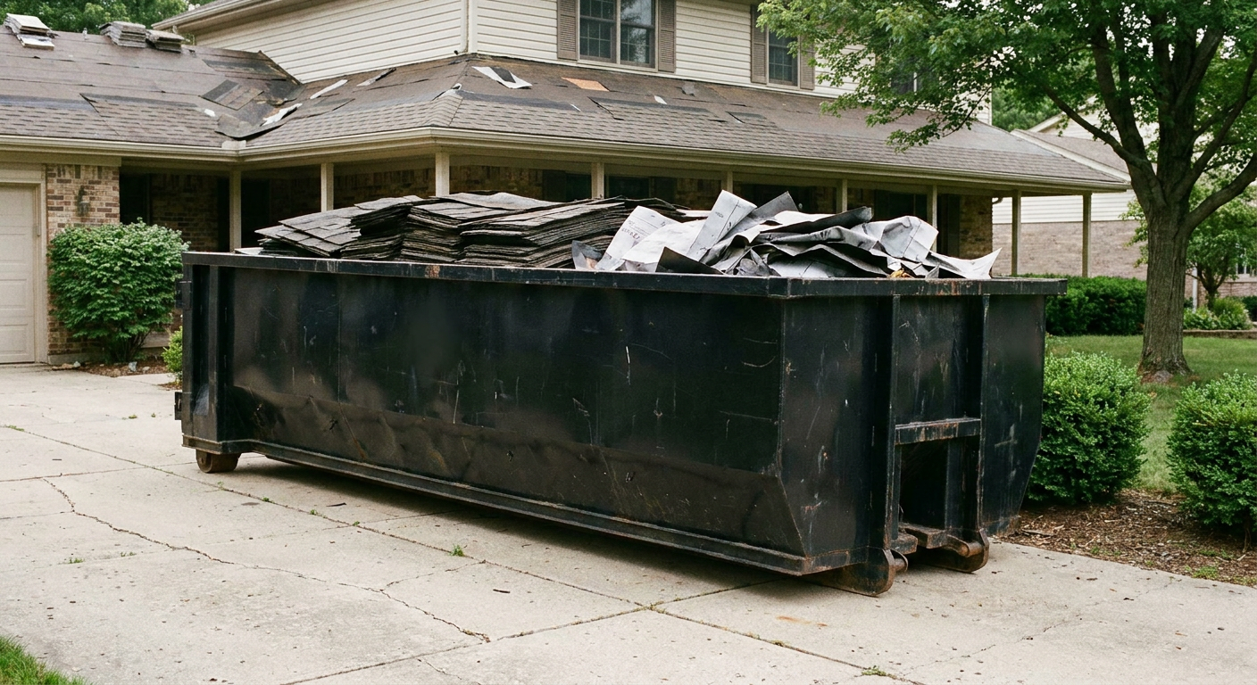 Matte-black 30-yard roofing roll-off dumpster sitting directly on a Concord concrete driveway, taller ribbed steel side panels, mixed tear-off debris of asphalt shingles and underlayment inside, professional documentary daylight.