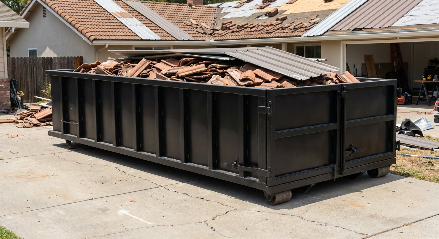 Matte-black low-wall heavy-debris roofing roll-off dumpster sitting directly on a Concord concrete driveway, broken concrete clay roof tiles and metal panel sections loaded inside, reinforced ribbed steel side walls visible, bright outdoor daylight.