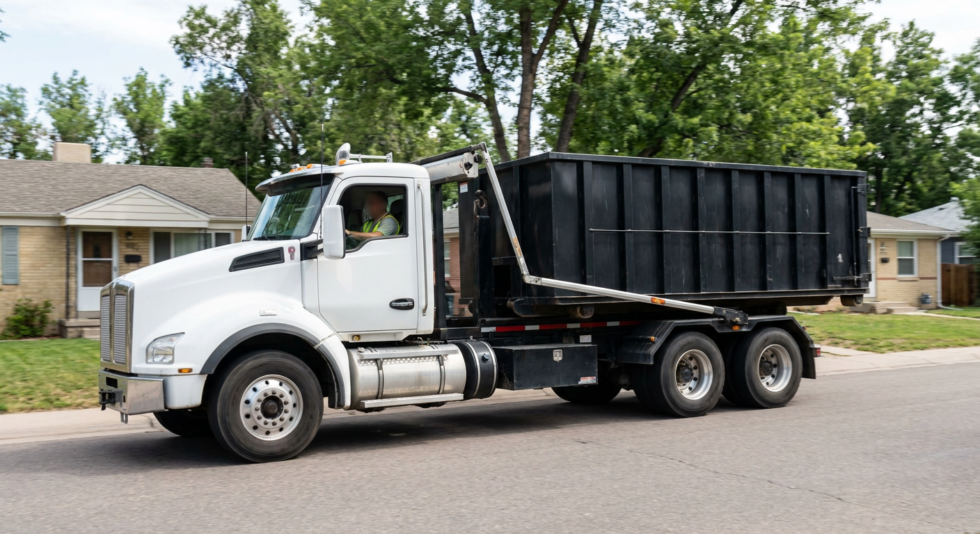 A wide documentary shot of a matte-black roll-off delivery truck pulling onto a quiet Concord residential street at mid-morning, with neighborhood rooftops and tree-lined blocks visible behind, showing the metro coverage footprint.