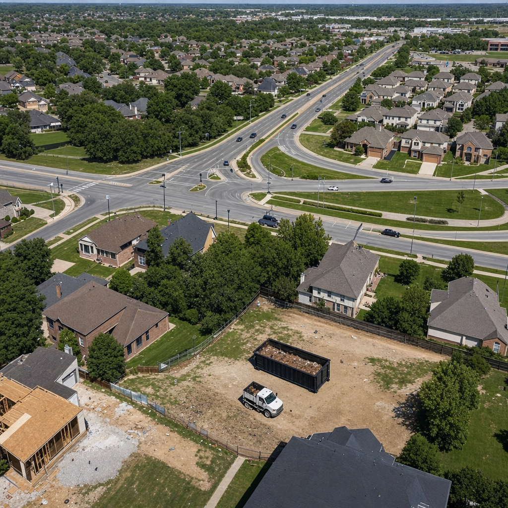 An overhead documentary view of the Concord metro area at midday, showing the spread of neighborhoods, arterial roads, and the dispatch radius from a central yard — clean daylight, organized geographic layout.
