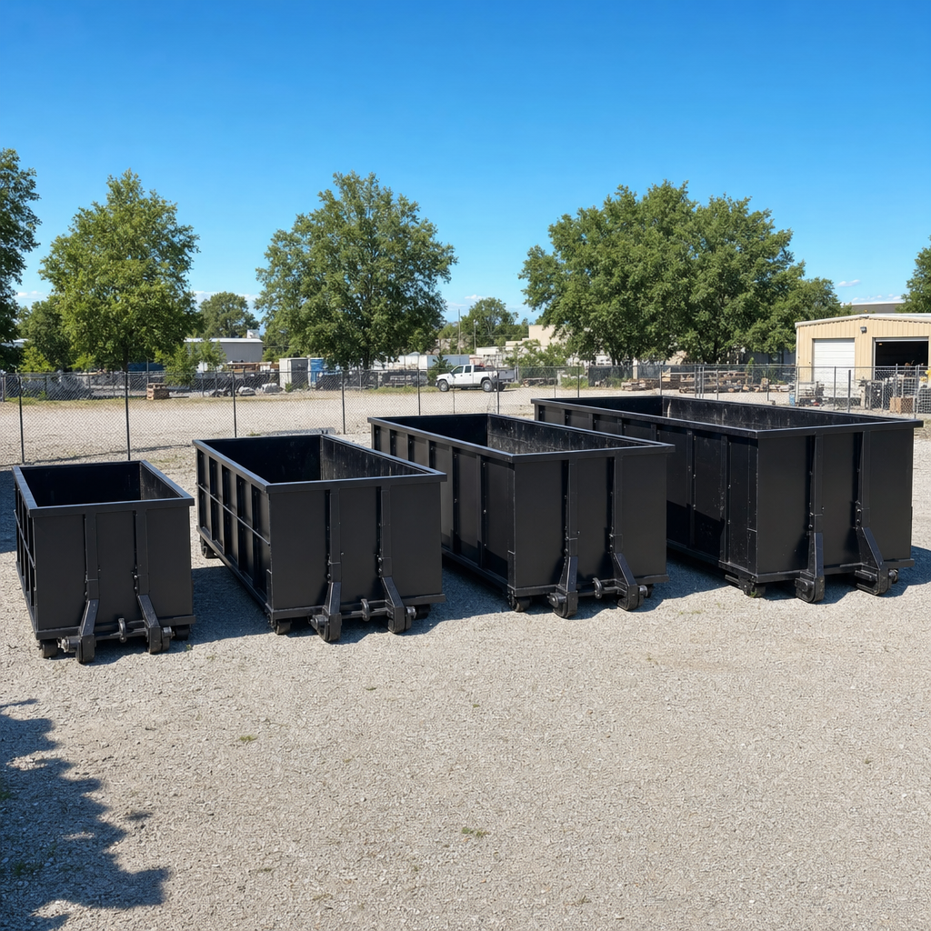 A clean lineup of matte-black roll-off dumpsters in 10, 20, 30, and 40-yard sizes staged on a sunlit gravel yard in Concord, showing the size progression from compact to commercial-scale containers.