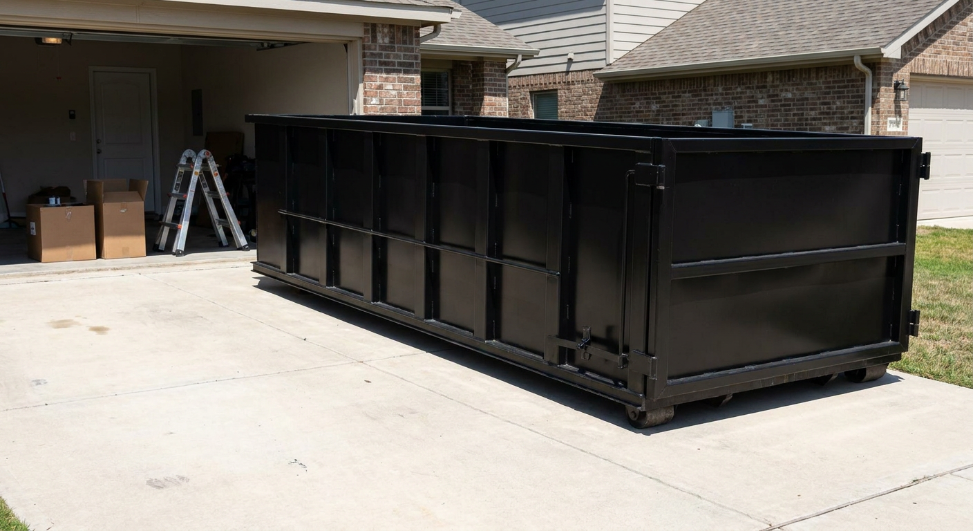 A matte-black 10-yard roll-off dumpster sitting directly on a residential Concord concrete driveway, mid-day sunlight, clean and ready for a garage cleanout.