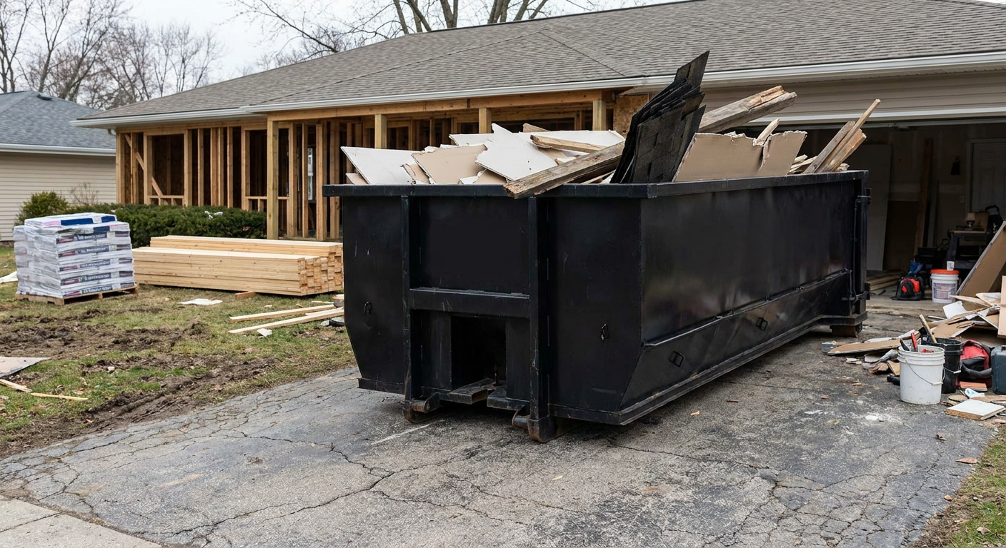 A matte-black 20-yard roll-off dumpster placed alongside a mid-renovation Concord home directly on the asphalt driveway, with framing materials and torn-off shingles staged neatly nearby.