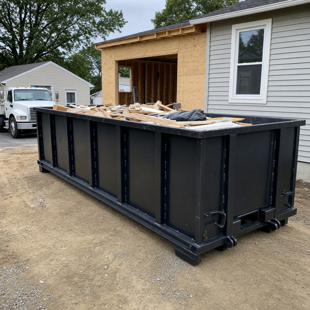 A matte-black 30-yard roll-off dumpster positioned at a Concord residential addition jobsite, with framing lumber and drywall scraps loaded through the open swinging rear doors.