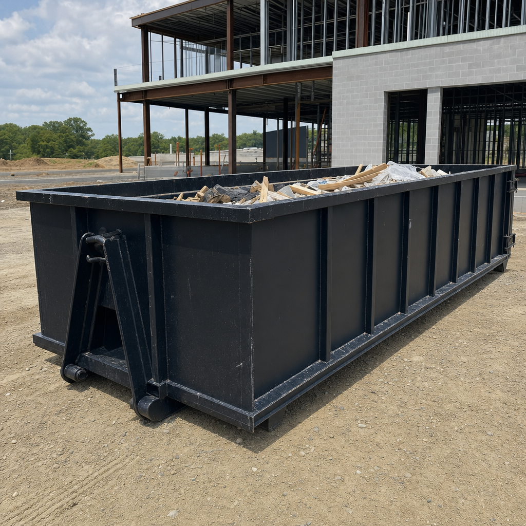 A matte-black 40-yard roll-off dumpster staged on a large Concord commercial construction lot, with a hooklift delivery truck parked alongside under bright midday sky.