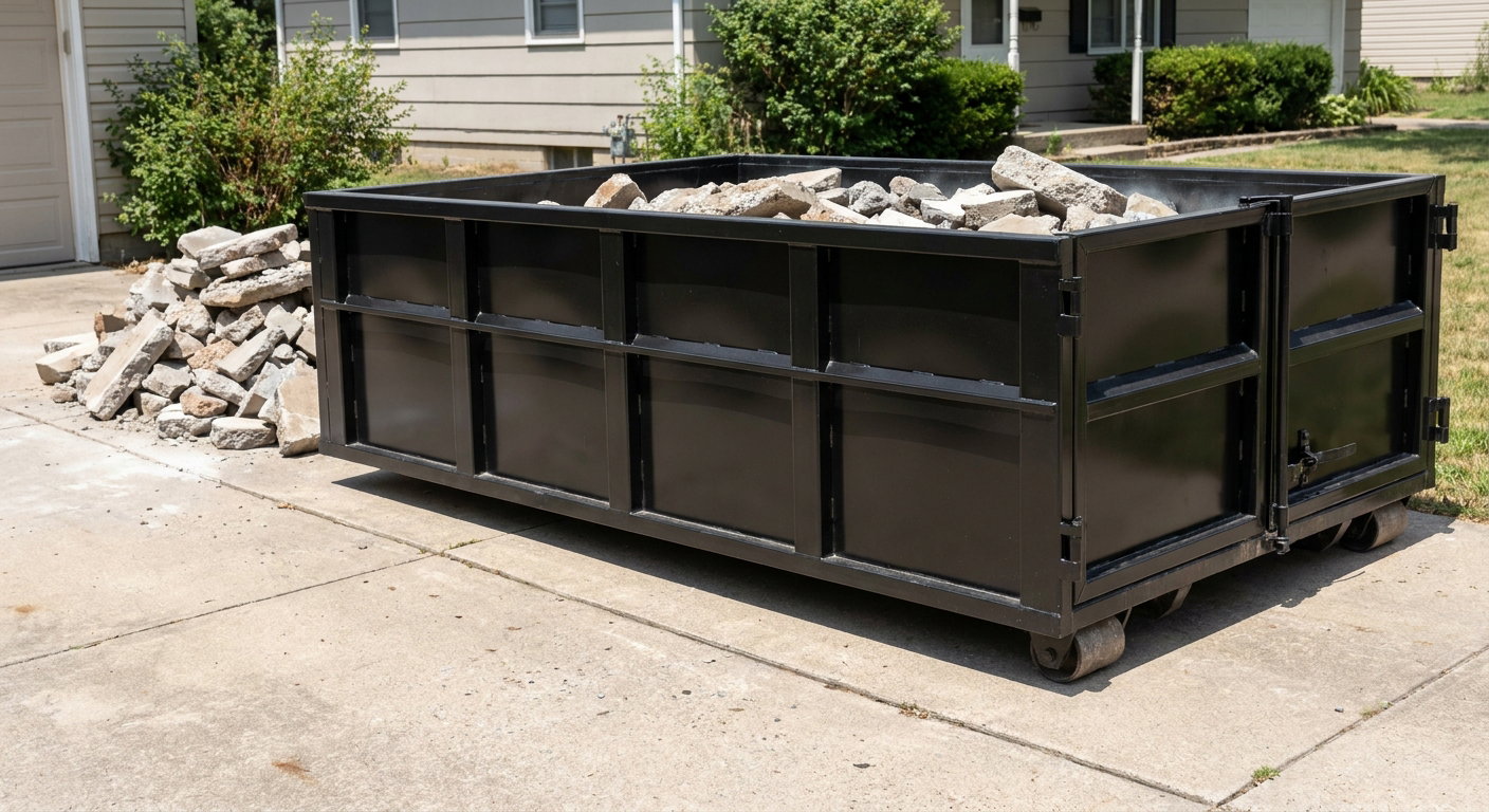 A matte-black low-side heavy-debris roll-off dumpster placed directly on a Concord concrete driveway, with broken concrete chunks neatly stacked beside it under clean daylight.